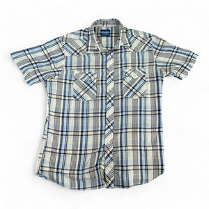 Vintage Wrangler Western Shirt Adult LARGE Blue White Plaid Pearl Snap 90s